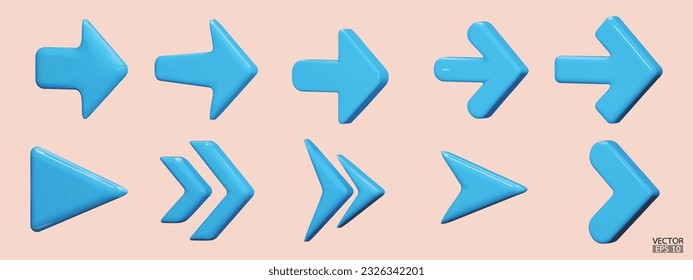 Set of blue vector arrows. Shiny 3d glass Arrows icon. Arrows Cartoon minimal style collection. 3d vector illustration.