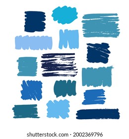 Set of  blue vector brush strokes of paint on white background. Rectangular paint spots