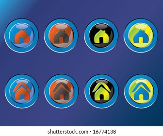 set of blue vector buttons including two stylish home icon