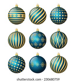 Set of blue vector christmas balls with different patterns