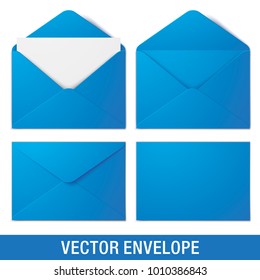 Set of blue vector envelopes in different views, isolated on a white background. Realistic blue vector envelope mockups.