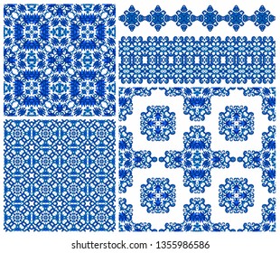 Set of blue vector ethnic geometric
 decorative elements, border ornaments, patterns on white background