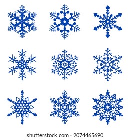 Conjunto de copos de nieve geométricos vectoriales azules para decoración y corte de papel, elementos de diseño navideño
