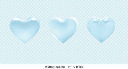 Set of blue vector glowing hearts. 3d design elements. Different matt glassy hearts isolated on transparent background