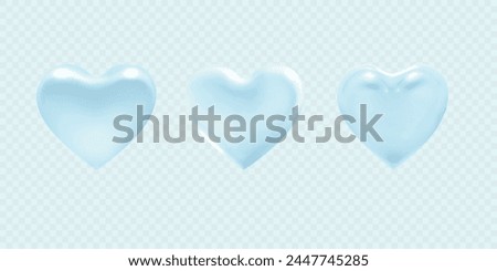 Set of blue vector glowing hearts. 3d design elements. Different matt glassy hearts isolated on transparent background