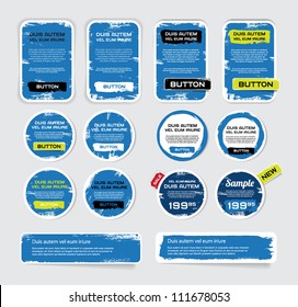 A set of blue vector grungy paper stickers, labels, tags and banners with hand painted / cracked paint worn out  backgrounds