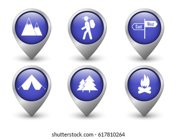 Set of blue vector hiking and camping web pointers