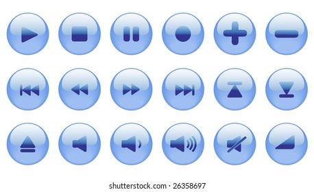 Set of blue vector icons for media player, internet or another use. Aqua style web 2.0.