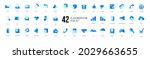 A set of blue vector icons of modern trend in the style of glass morphism with gradient, blur and transparency. The collection includes 42 icons in a single style of business, finance, UX UI
