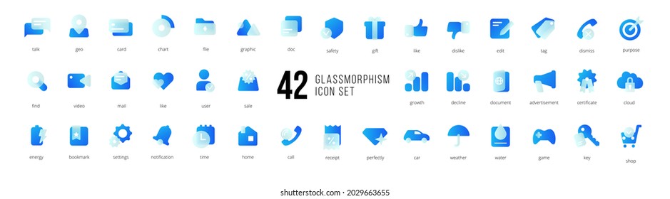 A set of blue vector icons of modern trend in the style of glass morphism with gradient, blur and transparency. The collection includes 42 icons in a single style of business, finance, UX UI - Shutterstock ID 2029663655