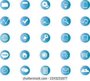 A set of blue vector icons of modern trend with gradient and transparency. The collection includes 25 icons in a single style of business, social finance