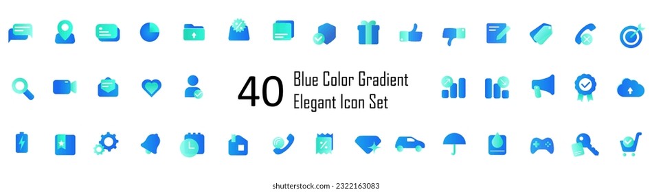 A set of blue vector icons of modern style of glassy and elegant with gradient and transparency. The collection includes 40 icons in a single style of business, finance, UX UI (Interface Icons)