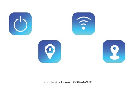 Un conjunto de iconos vectoriales azules de tendencia moderna en el estilo con gradiente, desenfoque y transparencia. La colección incluye 4 iconos en un solo estilo de señal de apagado, wifi, viaje y ubicación