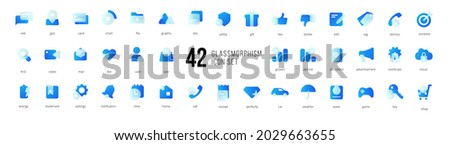 A set of blue vector icons of modern trend in the style of glass morphism with gradient, blur and transparency. The collection includes 42 icons in a single style of business, finance, UX UI