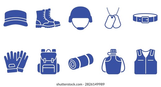 A set of blue vector icons representing military gear and equipment, including a helmet, boots, backpack, body armor, canteen, gloves, and other essential survival supplies on a white background.