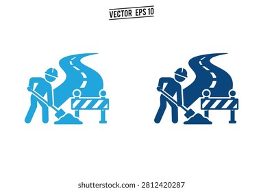 A set of blue vector icons showing a construction worker digging near a road barrier on a winding highway representing infrastructure maintenance and repair.