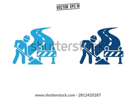 A set of blue vector icons showing a construction worker digging near a road barrier on a winding highway representing infrastructure maintenance and repair.