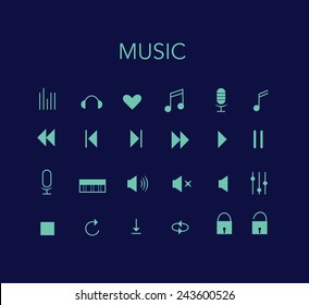 Set of blue vector music icons with dark background. Minimal style design.