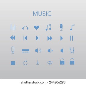 Set of blue vector music icons with gradient background. Minimal style design.