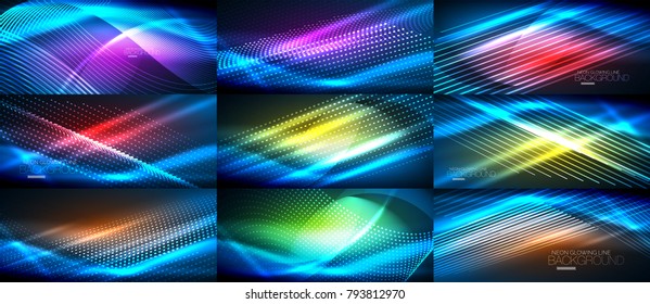 Set of blue vector neon smooth wave digital abstract backgrounds