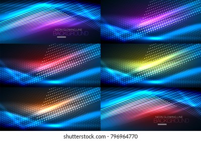 Set of blue vector neon smooth wave digital abstract backgrounds