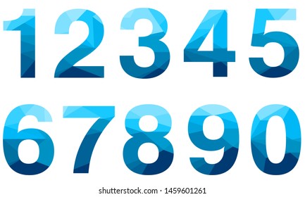 Set of blue vector polygon numbers font with long shadow.  Low poly illustration of flat design.