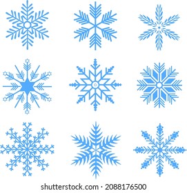 Set of blue vector snowflakes icons. Winter, Christmas decoration isolated on white background. 