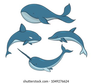 Set of blue vector underwater creatures with whales, narwhal and dolphin. Marine animals isolated on the white background.