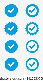 Set of blue vector verification icons. Vector badges of quality, approval. Collection of eight check mark icons.