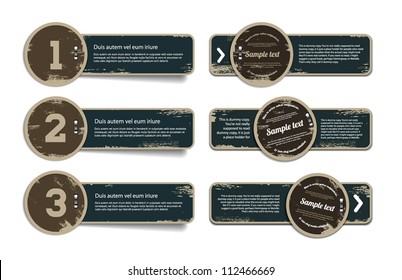 A set of blue vector vintage military style badges with grunge weathered paint background and metallic staples