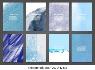 Set of blue vector watercolor backgrounds for poster, brochure or flyer, Bundle of watercolor posters, flyers or cards. Banner template.