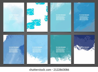 Set of blue vector watercolor backgrounds for poster, brochure or flyer, Bundle of watercolor posters, flyers or cards. Banner template.