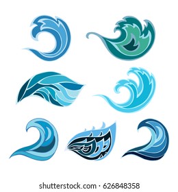 Set of blue vector waves. Different shapes of hand drawn sea motifs.