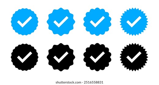 Set of blue verified badge signs. Check mark symbol on social media. Vector illustration