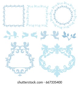 Set of blue vintage frames with tree branches, pigeons and angels, wedding decorations