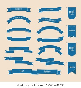 Set of blue vintage ribbon and banner. Flat design label collection.