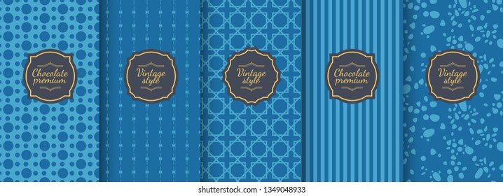 Conjunto de fondos sin costuras vintage azul para el diseño de embalaje de lujo. Patrón geométrico en negro. Adecuado para cajas premium de cosméticos, vino, joyas. Elegante conjunto de adornos de Vector. Estampado de tela.