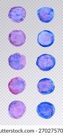 Conjunto de bolhas de aquarela azul e violeta. Círculos aquarela para design. Manchas desenhadas à mão. Colorido aquarela manchas.Arte decorações. Elementos Watercolor splashes.Design. Ilustração vetorial.