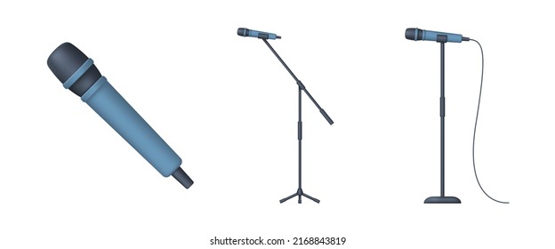 Set of blue vocal 3d microphones isolated on white background. Trendy vector illustration