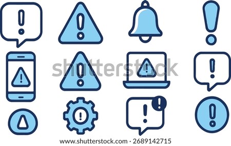 Set of blue warning and notification icons with exclamation marks alert