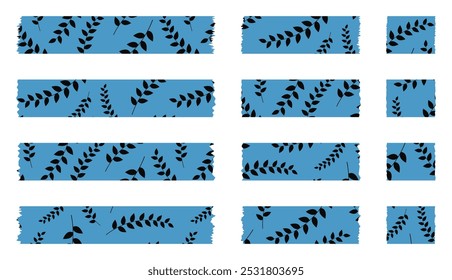 Set of blue washi tapes with black leaves pattern isolated on white. Washi tape collection in vector. Pieces of decorative tape for albums. Torn paper