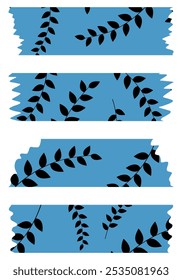 Set of blue washi tapes with black leaves pattern isolated on white. Washi tape collection in vector. Pieces of decorative tape for albums. Torn paper