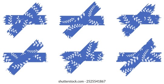 Set of blue washi tapes with leaves pattern isolated on white. Washi tape collection in vector. Pieces of decorative tape for albums. Torn paper