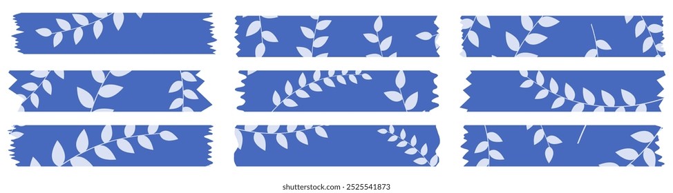 Set of blue washi tapes with leaves pattern isolated on white. Washi tape collection in vector. Pieces of decorative tape for albums. Torn paper