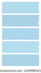 Set of blue washi tapes with patterns isolated on white. Tapes collection in vector. Pieces of decorative tape for scrapbooks. Torn paper. Lines, dots, waves