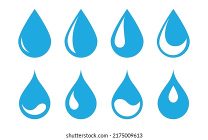 set of blue water drop icons vector on white background. Flat droplet logo shapes collection