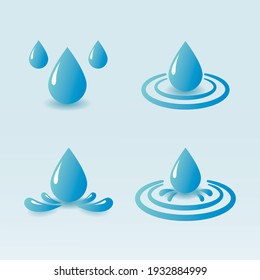 Set of blue water droplet on blue gradient  background.