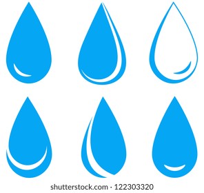 set of blue water drops on white background