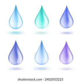 El conjunto de agua azul cae sobre fondo blanco. El agua azul gotea con reflectores de luz, vector