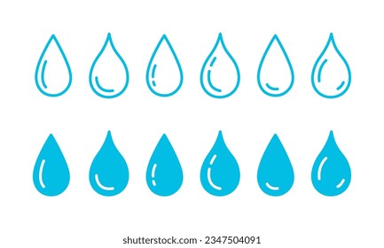 Set of blue water drops, splash, drips of paint, pouring water, spray icons